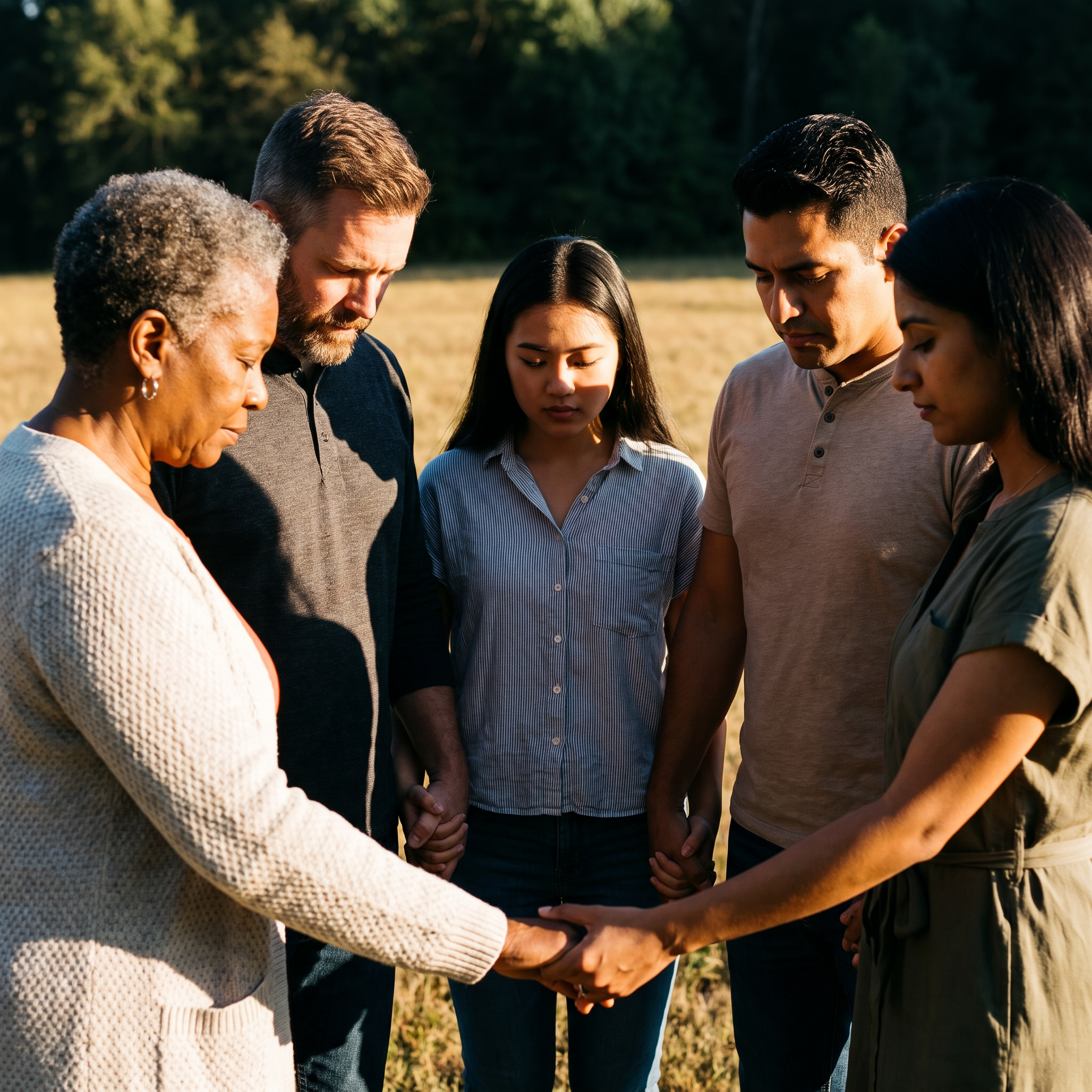 A small group of people holding hands and praying together outdoors