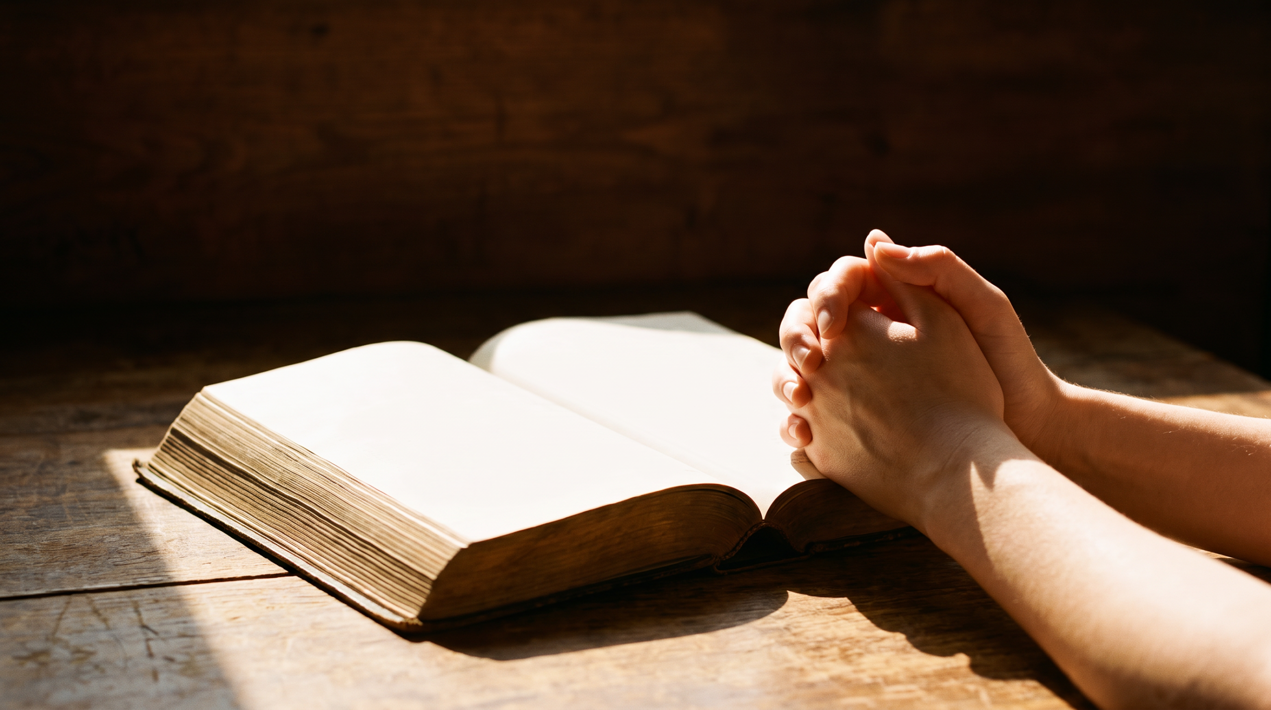 Hands folded in prayer beside an open Bible in warm light
