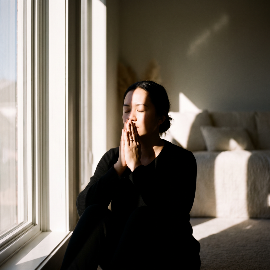 Woman dealing with anxiety and worry praying quietly by a window